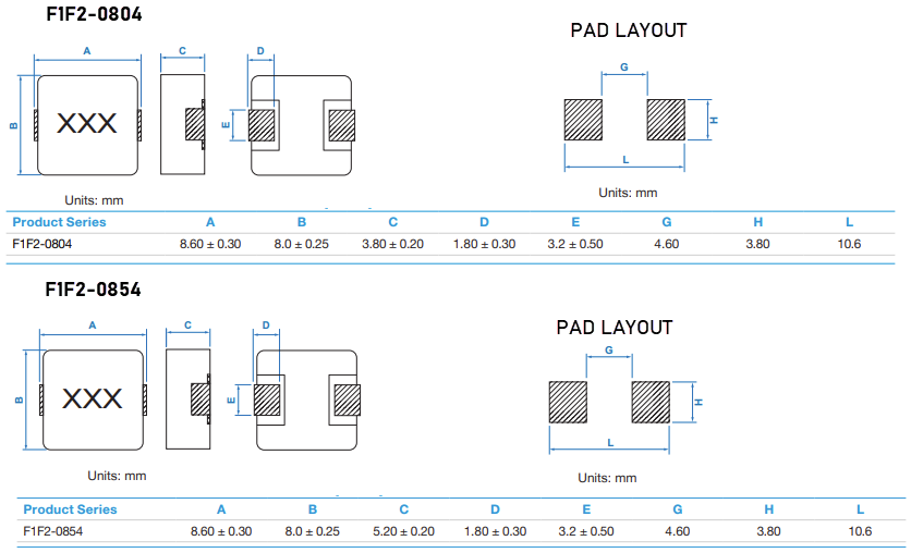 Mechanical Drawing - Signal Transformer / Bel F1F2 Shielded SMT Inductors